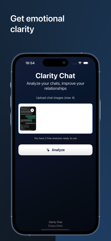 Deep Conversations: Clarity - Deep Conversations Clarity Chat app interface showing the upload and analyze chat screen