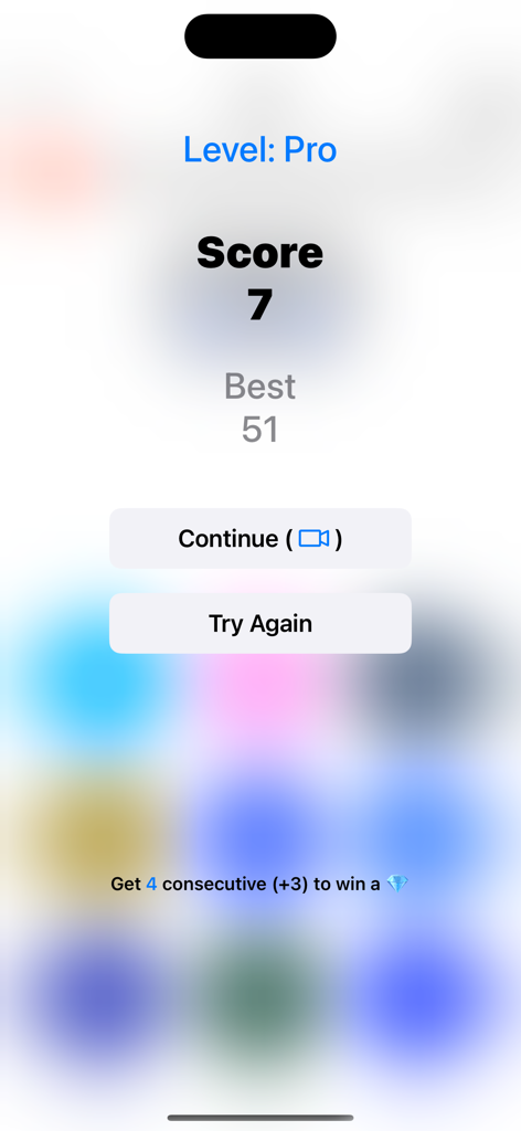 Tricky Eyes: Color Challenge - Score screen for Tricky Eyes Color Challenge showing pro level and player results