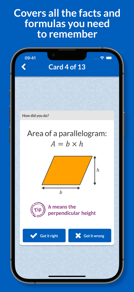 Key Cards GCSE Mathsアプリが、平行四辺形の面積の公式を含むフラッシュカードを表示しています