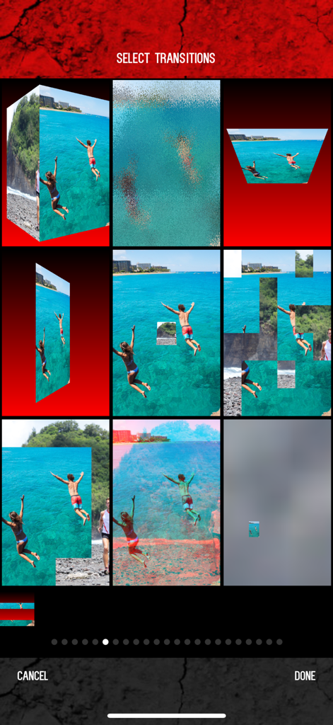 Slidezilla - A screen in the Slidezilla app showing a grid of different transition effects for photo and video slideshows.