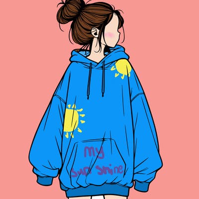 realistic girl with a oversized sweatshirt on and a bun