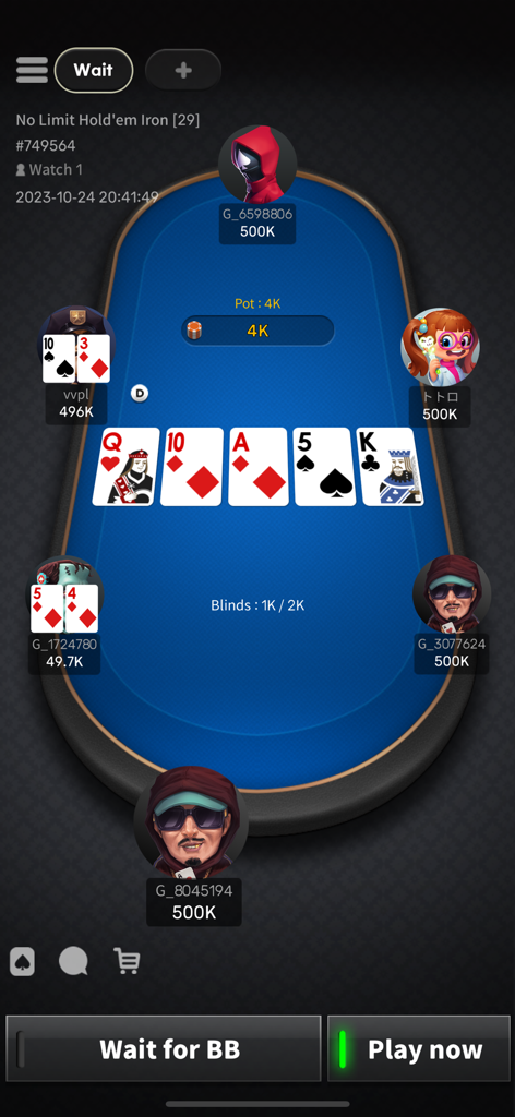 A professional Texas Hold'em poker table in the World Poker League app featuring players and community cards