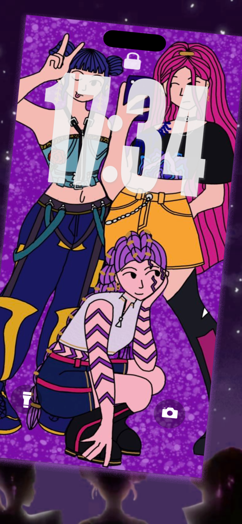 Demon Hunters Wallpaper KPop - Illustrazione digitale di tre idol K-pop in abiti edgy su una schermata di blocco scintillante viola.