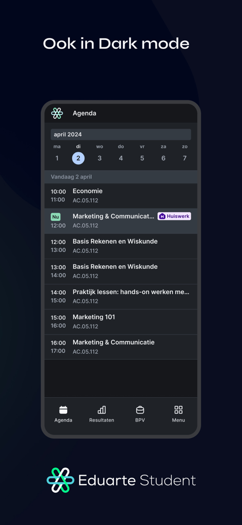 Eduarte Student - L'interfaccia dell'app Eduarte Student che mostra un orario scolastico giornaliero in modalità scura