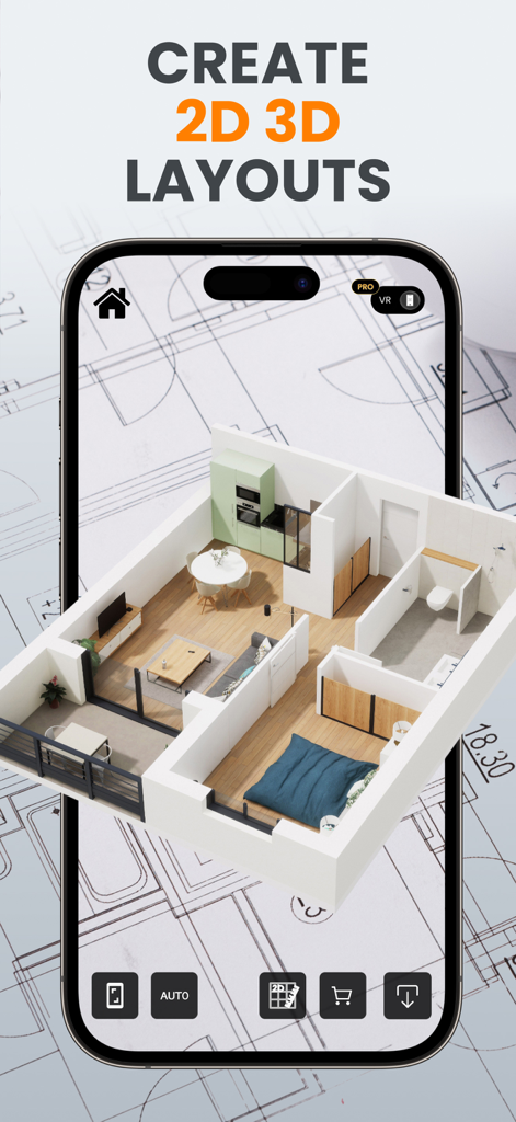 House Design Ai - Home Planner - A 3D isometric home layout plan including a bedroom and kitchen shown on a smartphone