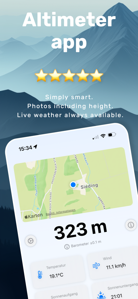 Altimeter Photo, GPS & Compass - Interfaz de la aplicación Altímetro mostrando la altitud actual, la ubicación en un mapa GPS y datos meteorológicos en vivo.