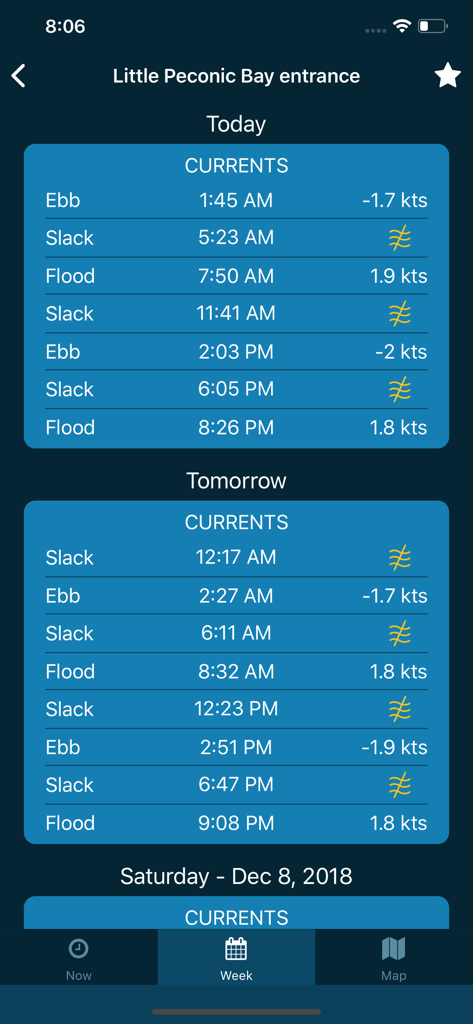 Weekly tidal current data for Little Peconic Bay entrance in the Tides Near Me app interface