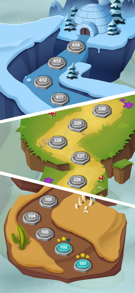 Mappa dei livelli del gioco Bubble shooter che mostra diversi mondi a tema