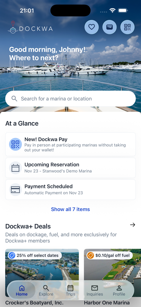 Dockwa app home screen with marina search bar and boat reservation info