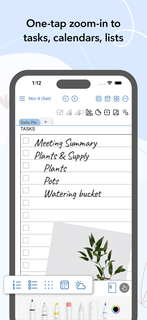 AJournal - Planner & Journal - AJournal mobile app showing a handwritten task list with zoom functionality and plant photo