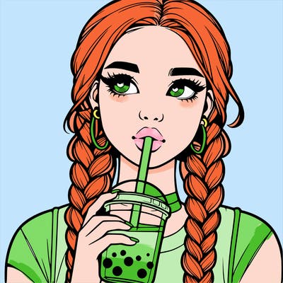 realistic girl with braided hair drinking boba