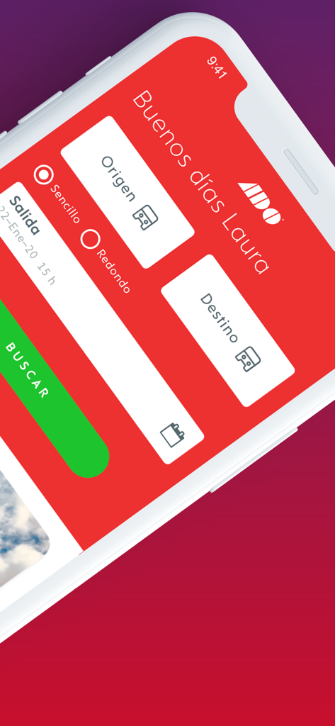 ADO - Boletos de Autobús - ADO bus mobile app interface showing fields to select origin and destination for ticket booking
