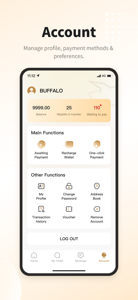 Kontoübersicht für die BUFFALOEX App, die das Versandguthaben und die Verwaltung von Profilfunktionen anzeigt.