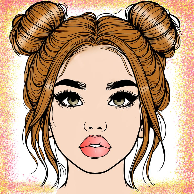 realistic girl with two buns on her hair and lips