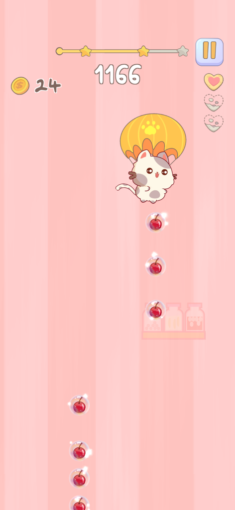 Infinity Cats - Un gato adorable descendiendo con un paracaídas amarillo en un nivel de juego de ritmo