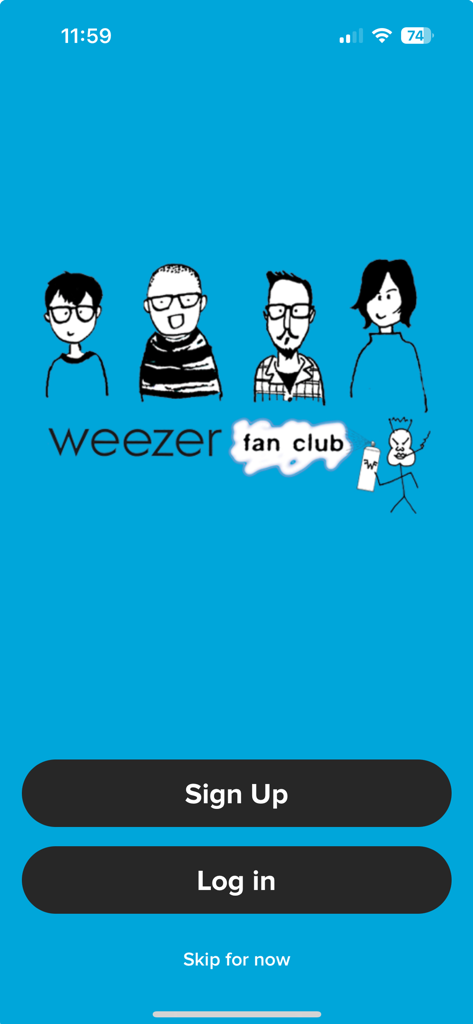 Weezer Fan Club - Welcome screen for the Weezer Fan Club mobile app with band member illustrations
