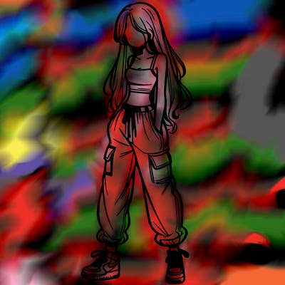 girl in baggy pants crop top and long hair