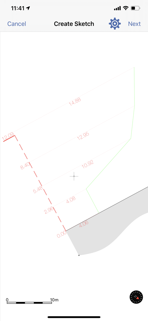 GeoAce mobile app interface for creating professional survey sketches with distance measurements and scale