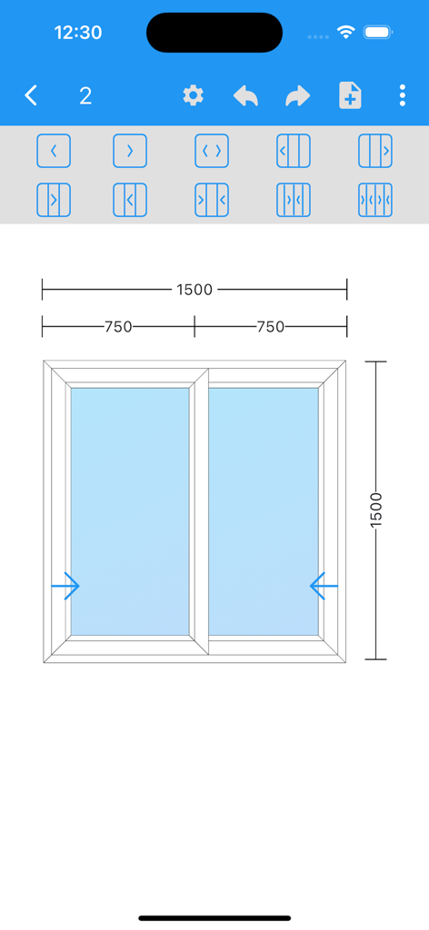 DoorWin PVC uPVC Aluminium - Interfaz técnica que muestra un diseño de ventana corrediza de doble panel de 1500 mm con medidas precisas.