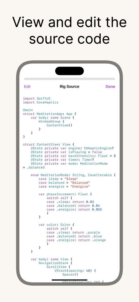 bitrig - Una pantalla móvil mostrando el código fuente de SwiftUI de una app de meditación dentro de la interfaz de Bitrig.