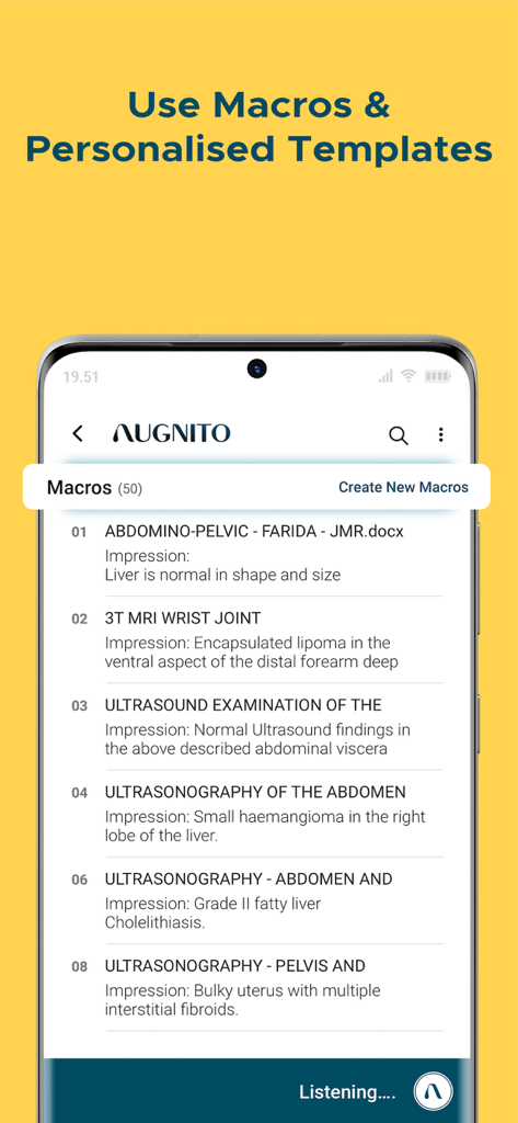 Interface of Augnito app displaying a list of medical reporting macros and personalized templates for radiologists