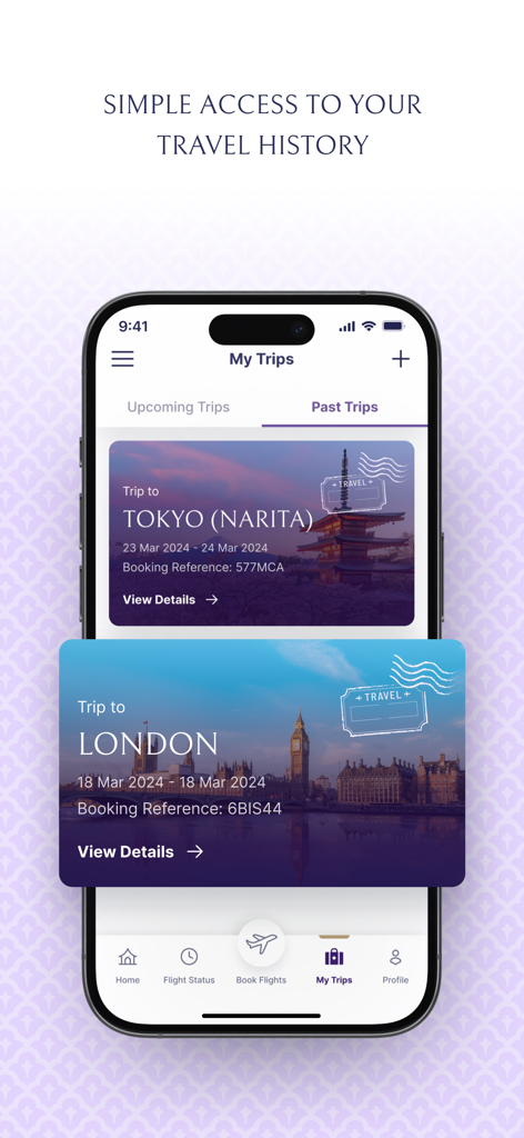 Thai Airways app screen showing past travel history with trip details for Tokyo and London.