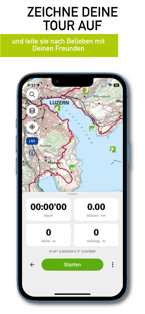 HKF Outdoor app screenshot showing a detailed hiking map of Luzern with a tour tracking dashboard and start button