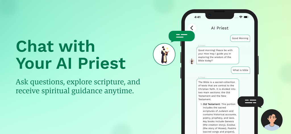 Bible - In the Name of Jesus - A smartphone interface showing a chat with an AI Priest for spiritual guidance and Bible study