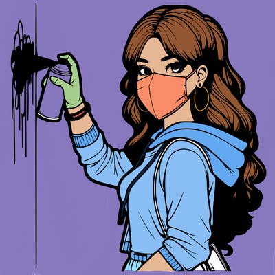 realistic girl with mask spray painting a wall