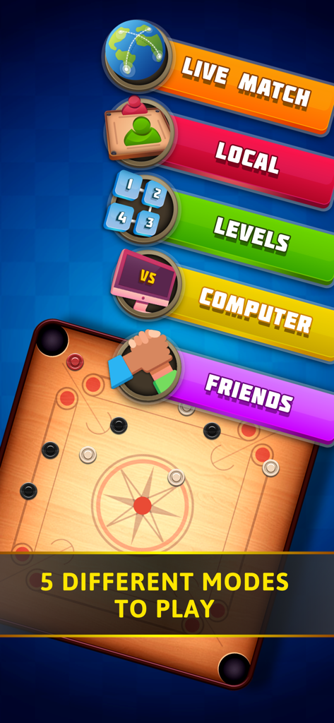 Carrom 3D SuperStar - Pantalla de menú de Carrom 3D SuperStar mostrando cinco modos de juego diferentes, incluyendo Partida en Vivo y Amigos