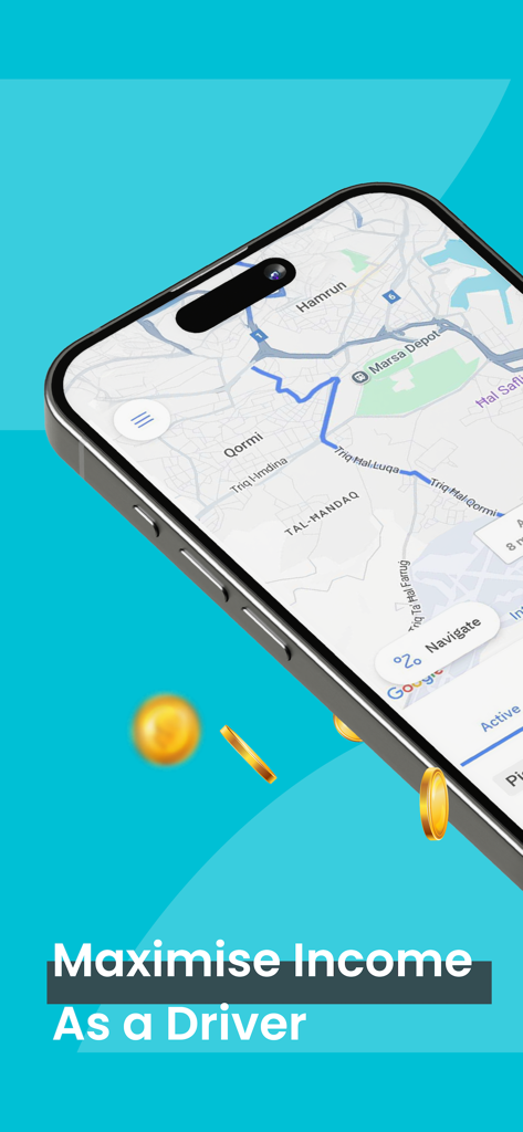 FastDrop Driver - FastDrop Driver app interface displaying a map navigation route and maximize income slogan
