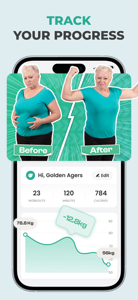 Interfaz de la aplicación de fitness para personas mayores que muestra el seguimiento del progreso con un gráfico de pérdida de peso y fotos del antes y después de una mujer mayor activa.
