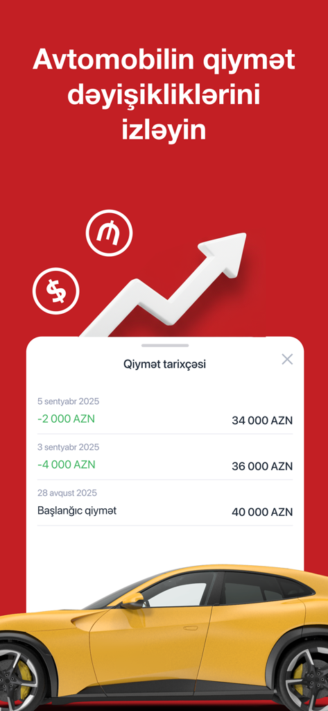 Turbo.az - A mobile app screen showing a car price history tracker with a red background and a yellow car at the bottom