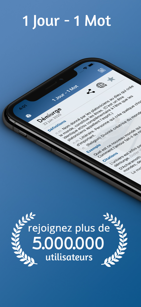 Smartphone screen displaying a French word definition in the 1 Jour 1 Mot app with a 5 million users badge