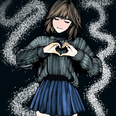 realistic girl in sweater and skirt making a heart with her hands