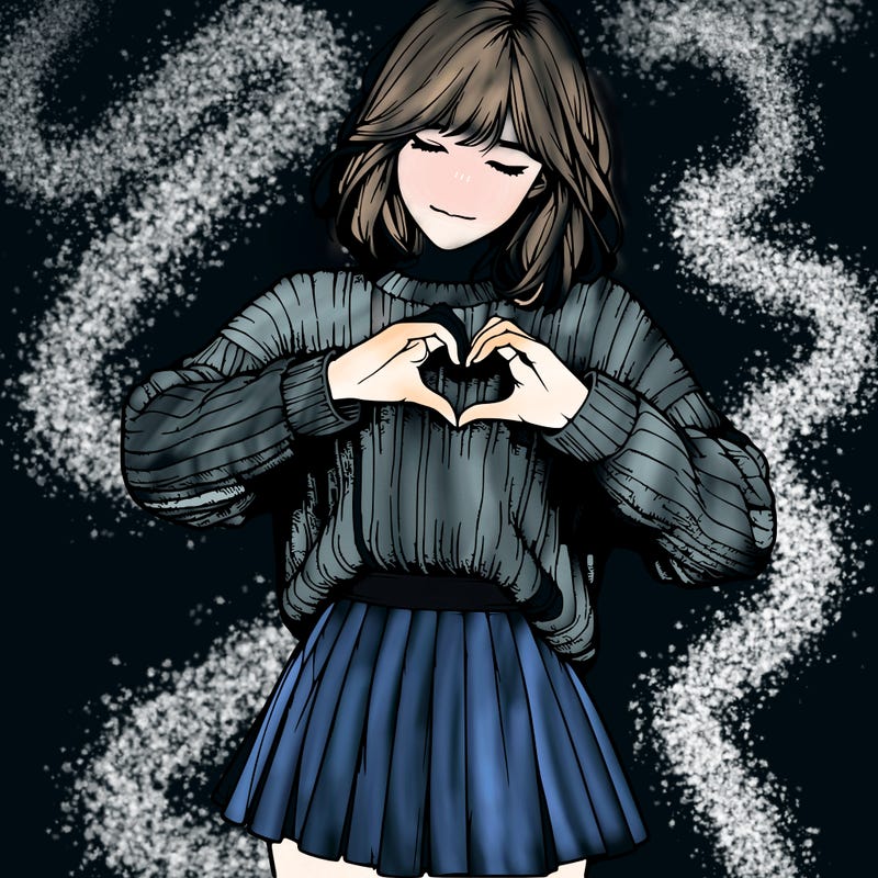 realistic girl in sweater and skirt making a heart with her hands