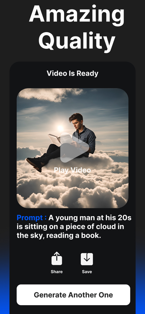 AI Video Generator - Vids App - Una interfaz móvil de Vids App mostrando un vídeo generado de un hombre leyendo un libro en una nube a partir de una indicación de texto