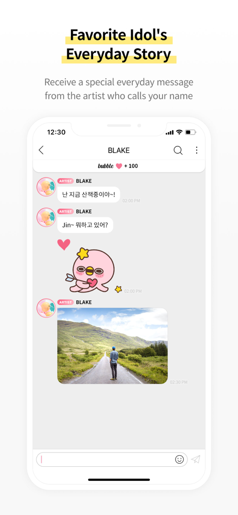A screenshot of the bubble with STARS app showing a chat interface with an idol including text messages and a shared photo
