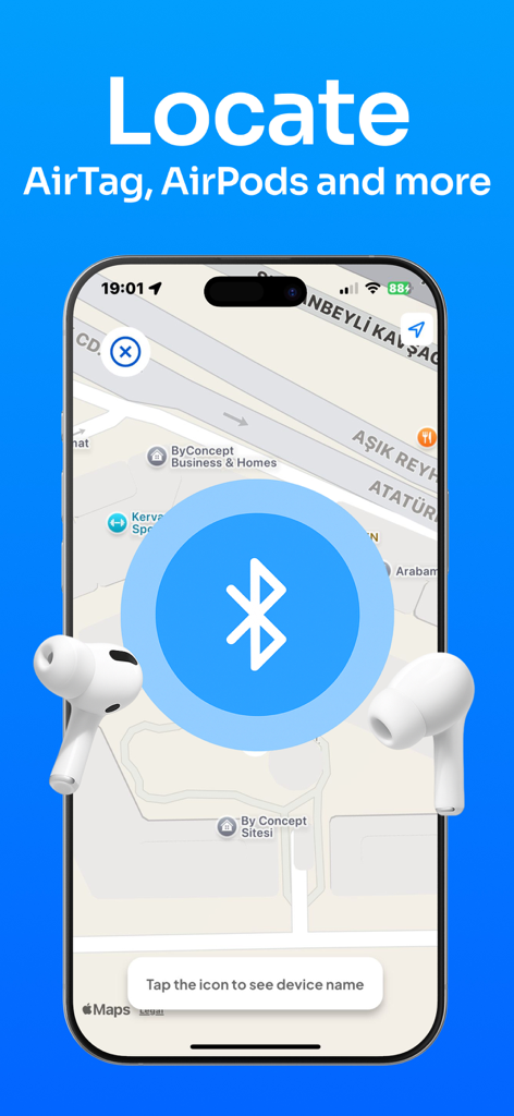 Smartphone screen showing the BlueX app map interface with a Bluetooth locator icon to find lost AirPods and devices.