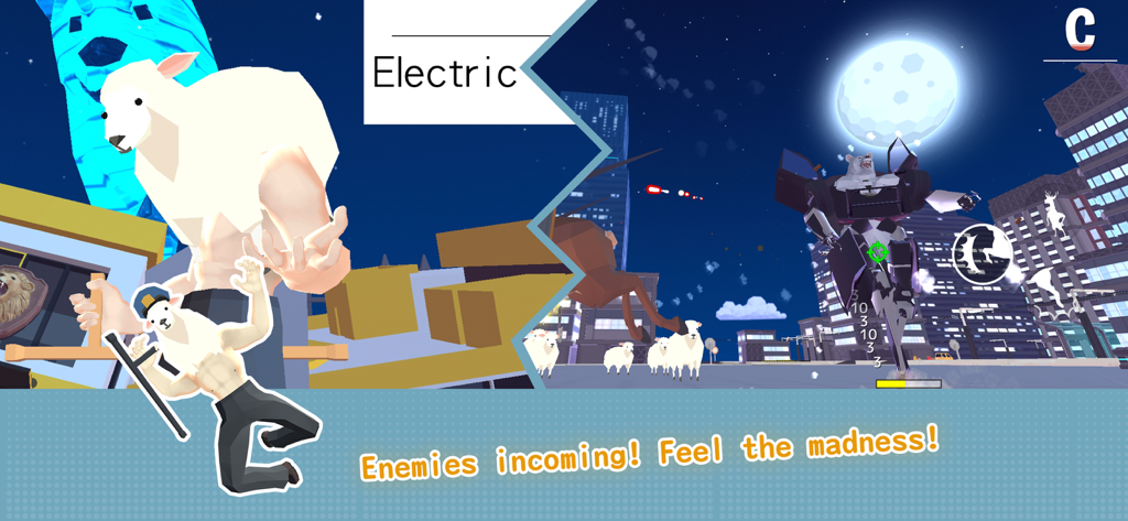 DEEEER Simulator: Future World - Humanoide Schafe und Roboterbären-Feinde in einer futuristischen Stadt aus DEEEER Simulator Future World