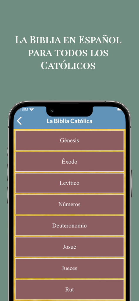 La Biblia Católica en Español - Pantalla de lista de libros de la aplicación Biblia Católica en Español.