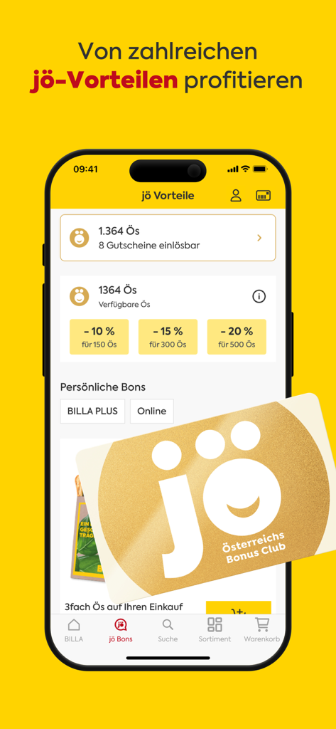 BILLA App-Bildschirm, der jö Bonus Club Treuepunkte und persönliche Gutscheine anzeigt