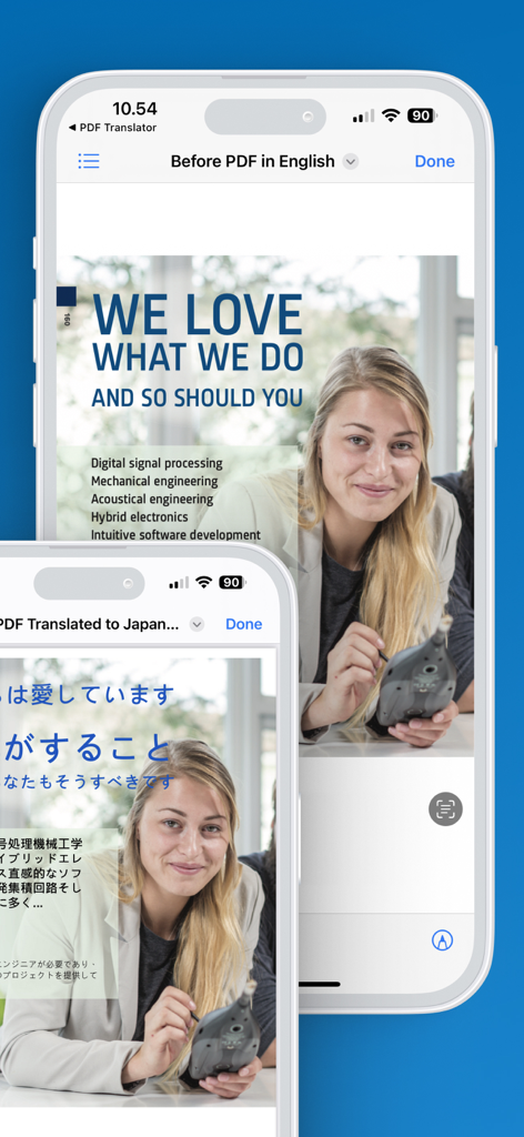 PDF & Word Translator - iPhone screens showing a PDF document translated from English to Japanese while preserving the original layout and images