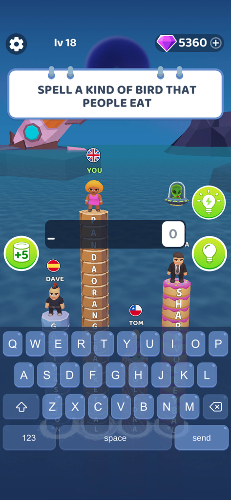 Words to Win - Guess Words - Una pantalla de juego móvil de Words to Win donde los jugadores escriben palabras para construir torres y escapar del agua que sube.