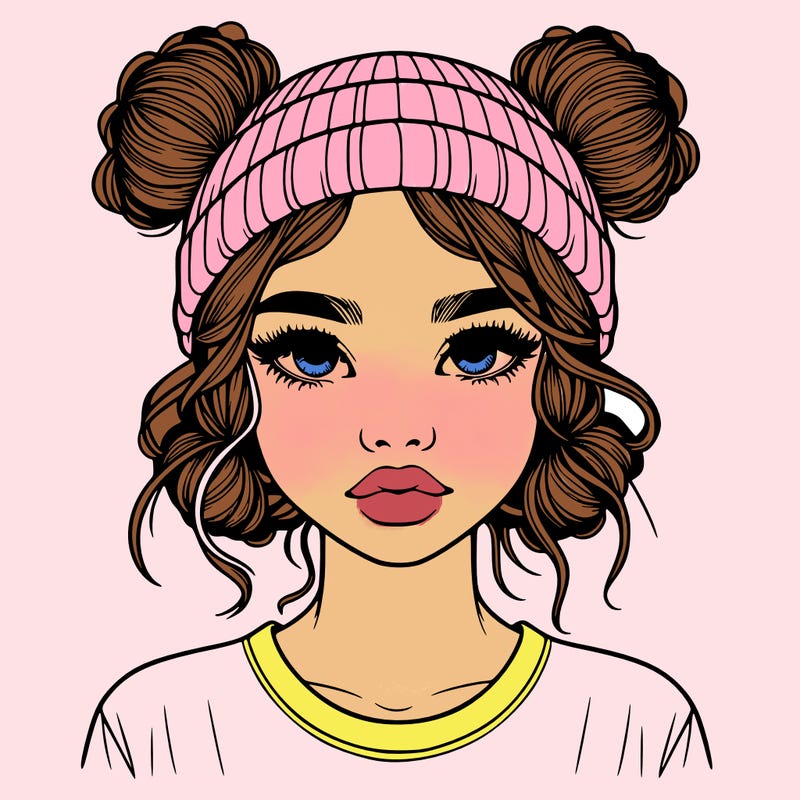 realistic girl with buns in her hair with a beanie on