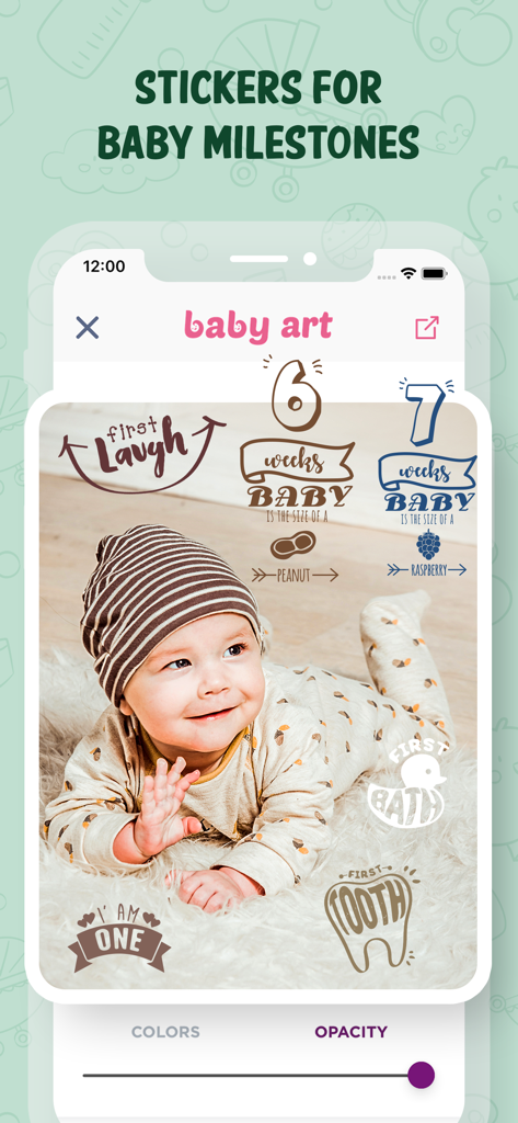 A baby photo edited with milestone stickers like first laugh and age growth markers in the Baby Art app