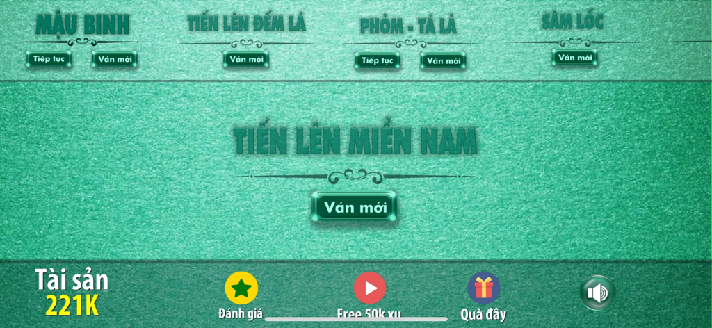 Tiến Lên - Tien Len - Main menu of the Tien Len offline card game app featuring traditional Vietnamese games like Mau Binh and Phom.