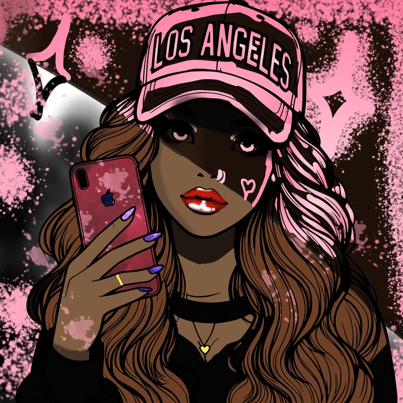 realistic beautiful girl wearing los ángeles cap holding an iphone
