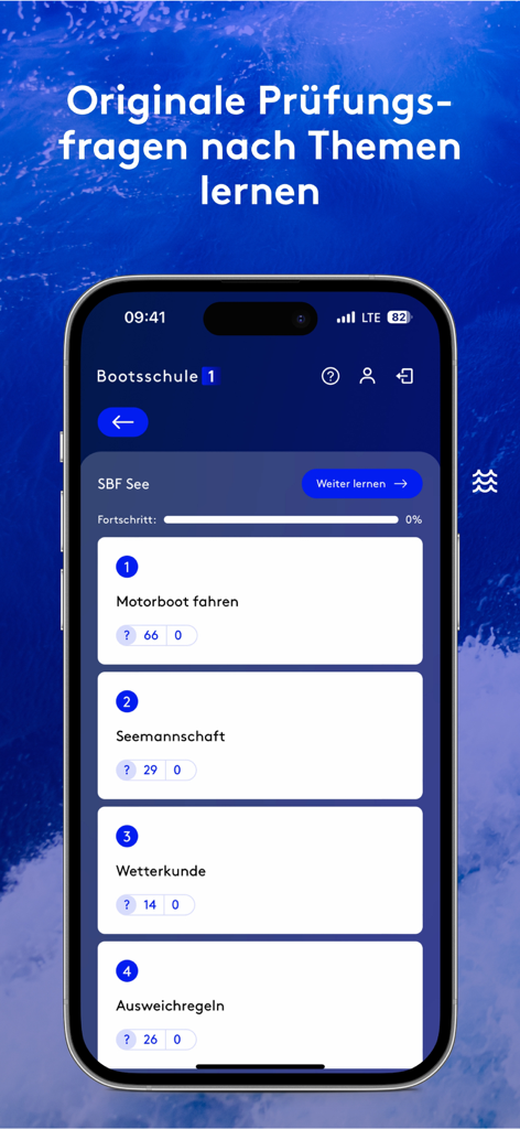 Bootsschule1 - Bootsschule1 mobile app interface showing categories for boat license exam preparation