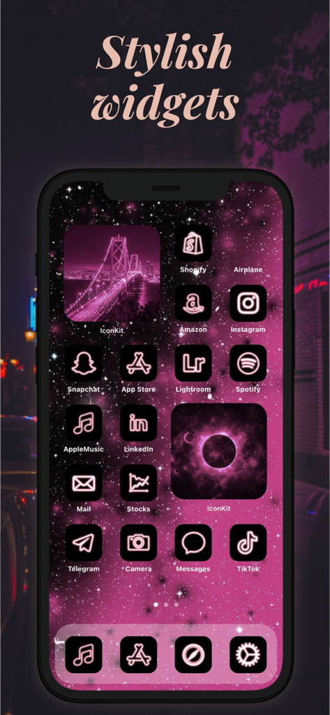 カスタムネオンアイコンとフォトウィジェットを備えたピンクの銀河テーマのスマートフォンホーム画面